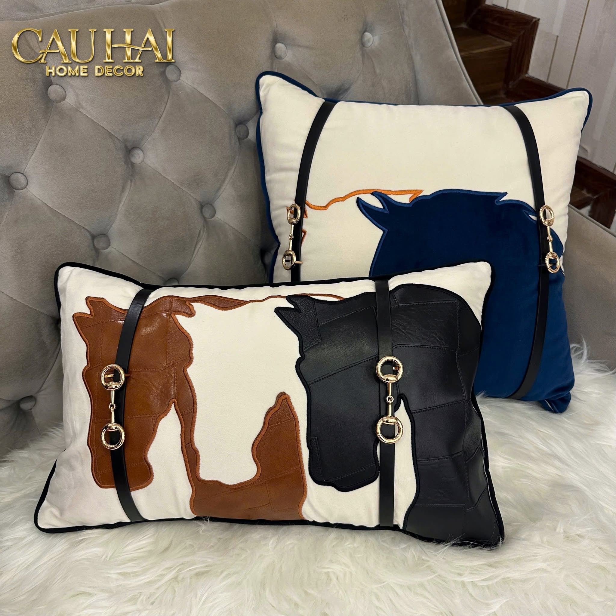 GỐI NHUNG LEATHER ÉQUESTRE PATCHWORK HARNESS 30x50-CẬU HAI HOME DECOR