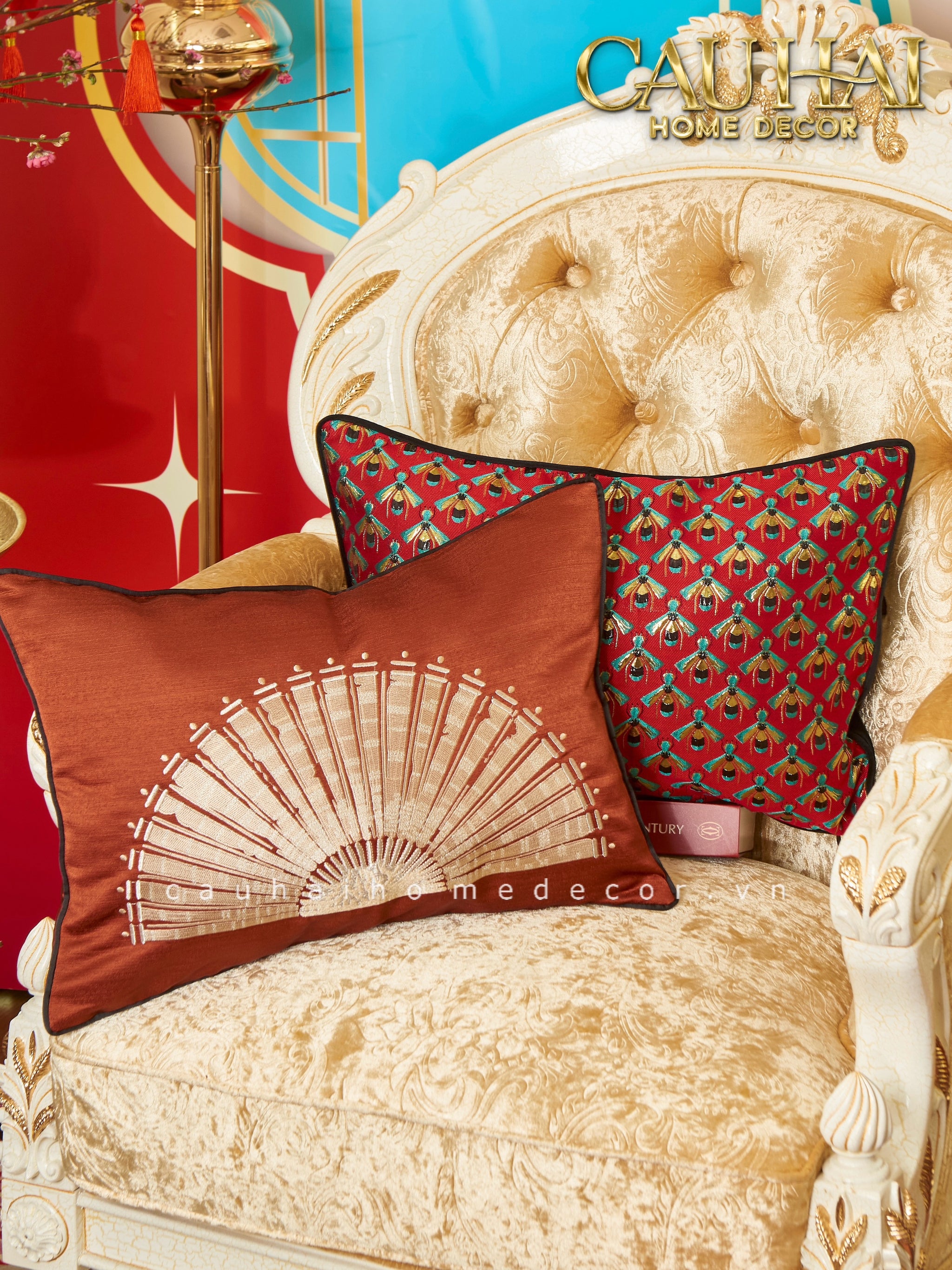 Tết Couture - Gối Jacquard  Rouge Oriental Éventail Lunaire d’Or  35x50