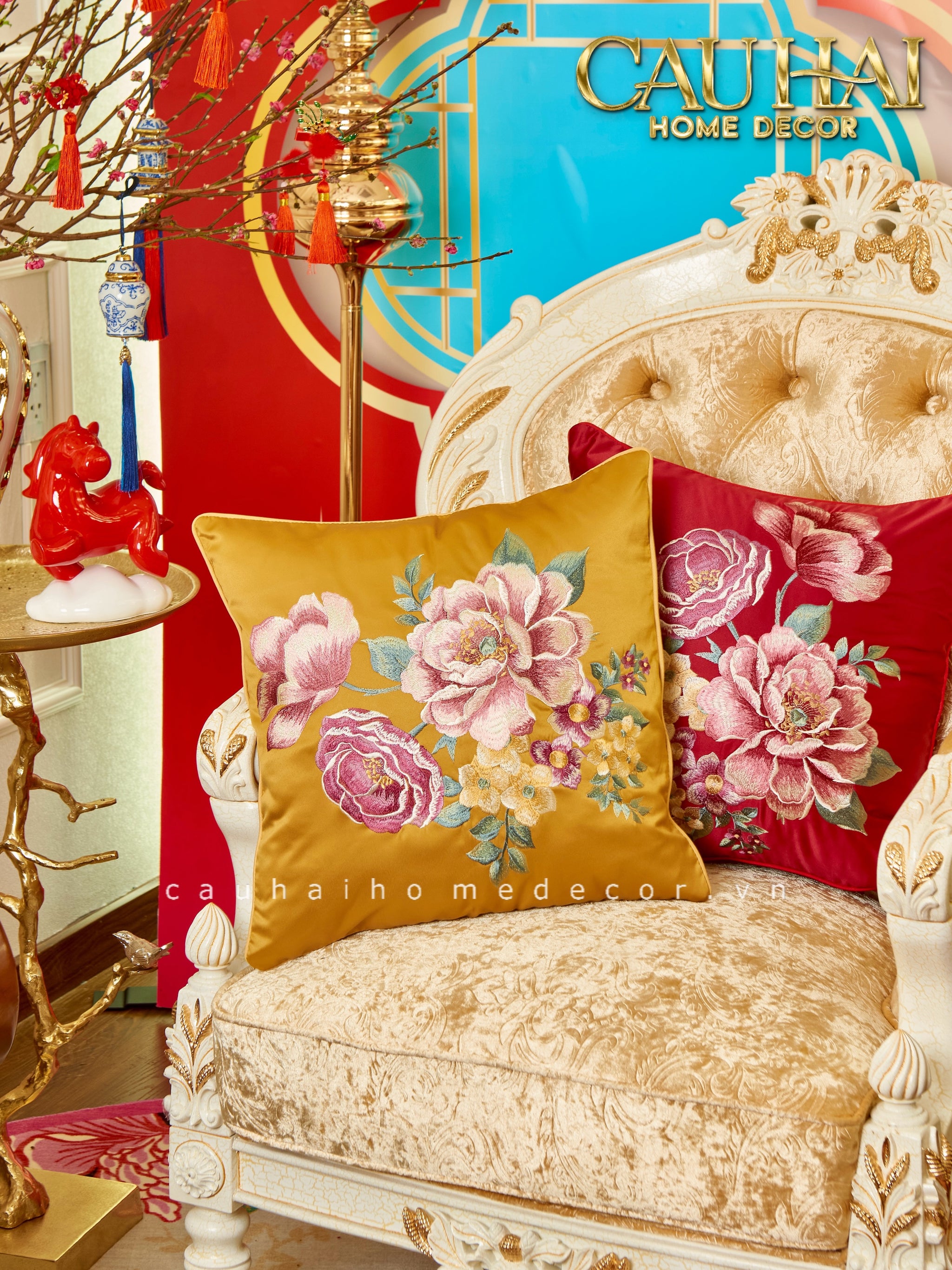 Tết Couture - Vỏ Gối Lụa Kim/Hỷ Tú  Mẫu Đơn 45