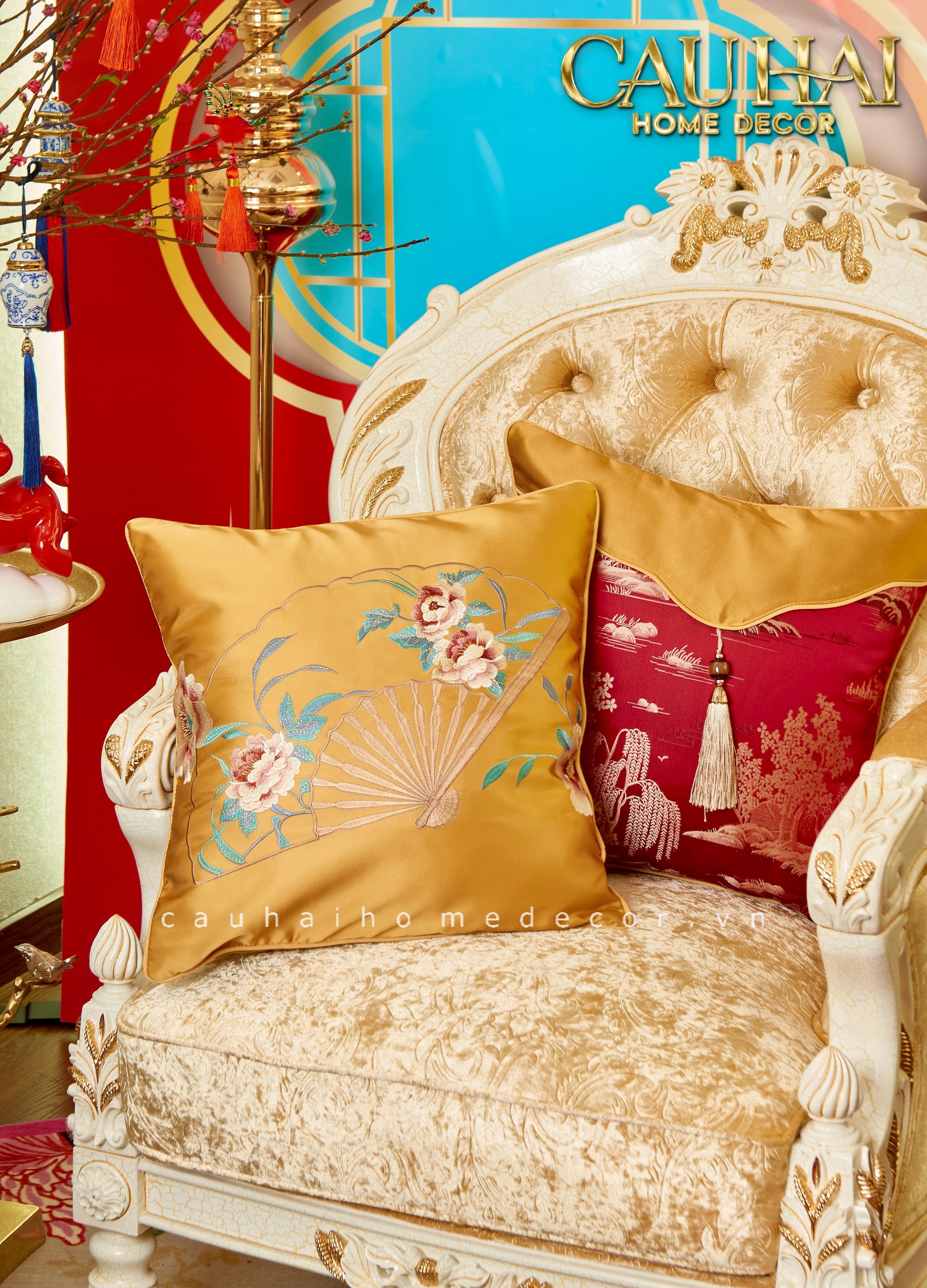 Tết Couture - Vỏ Gối Lụa Thêu Kim Uyển Phiến  45