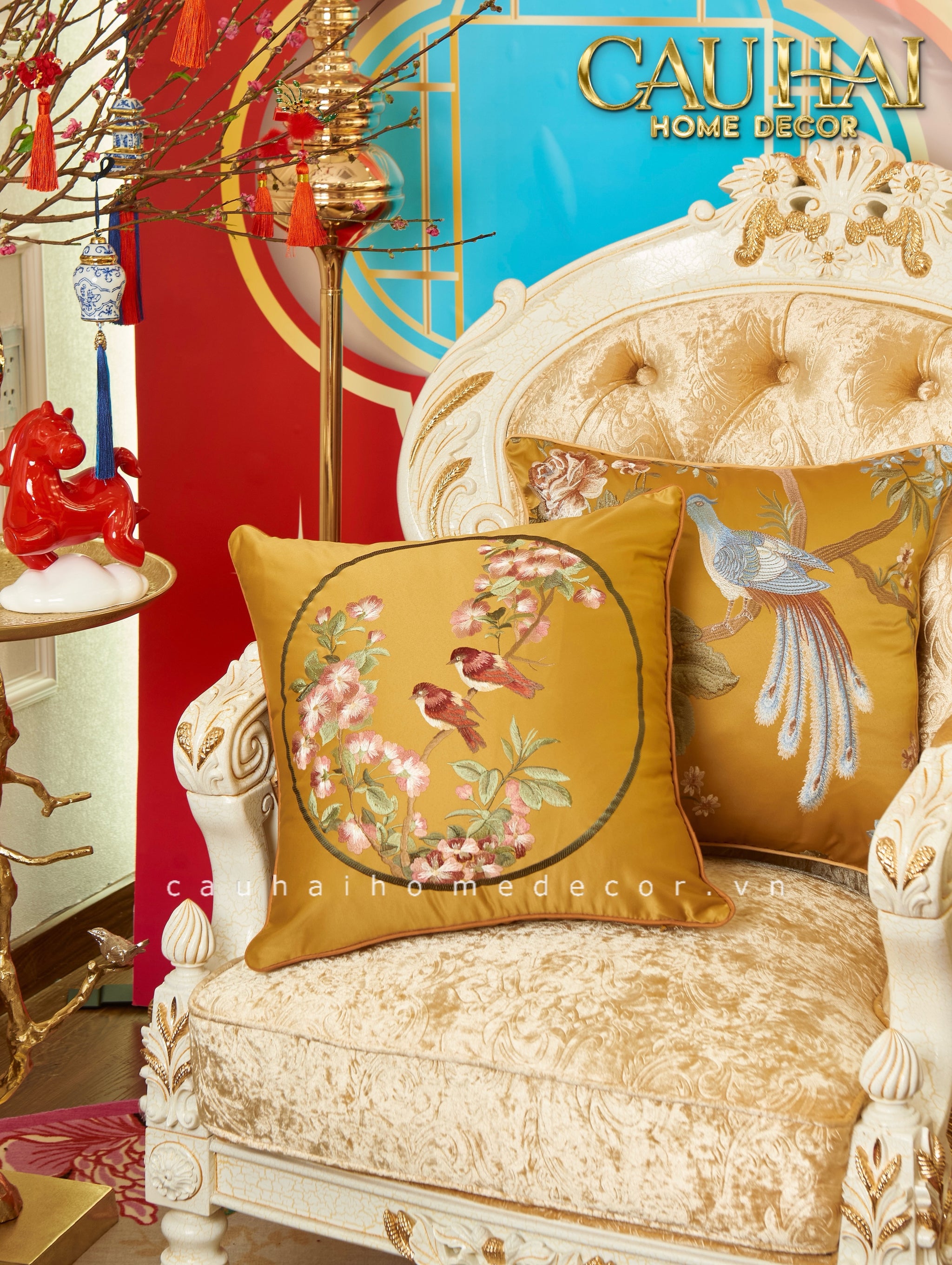 Tết Couture - Vỏ Gối Lụa Thêu Kim Loan Tường Hoà 45