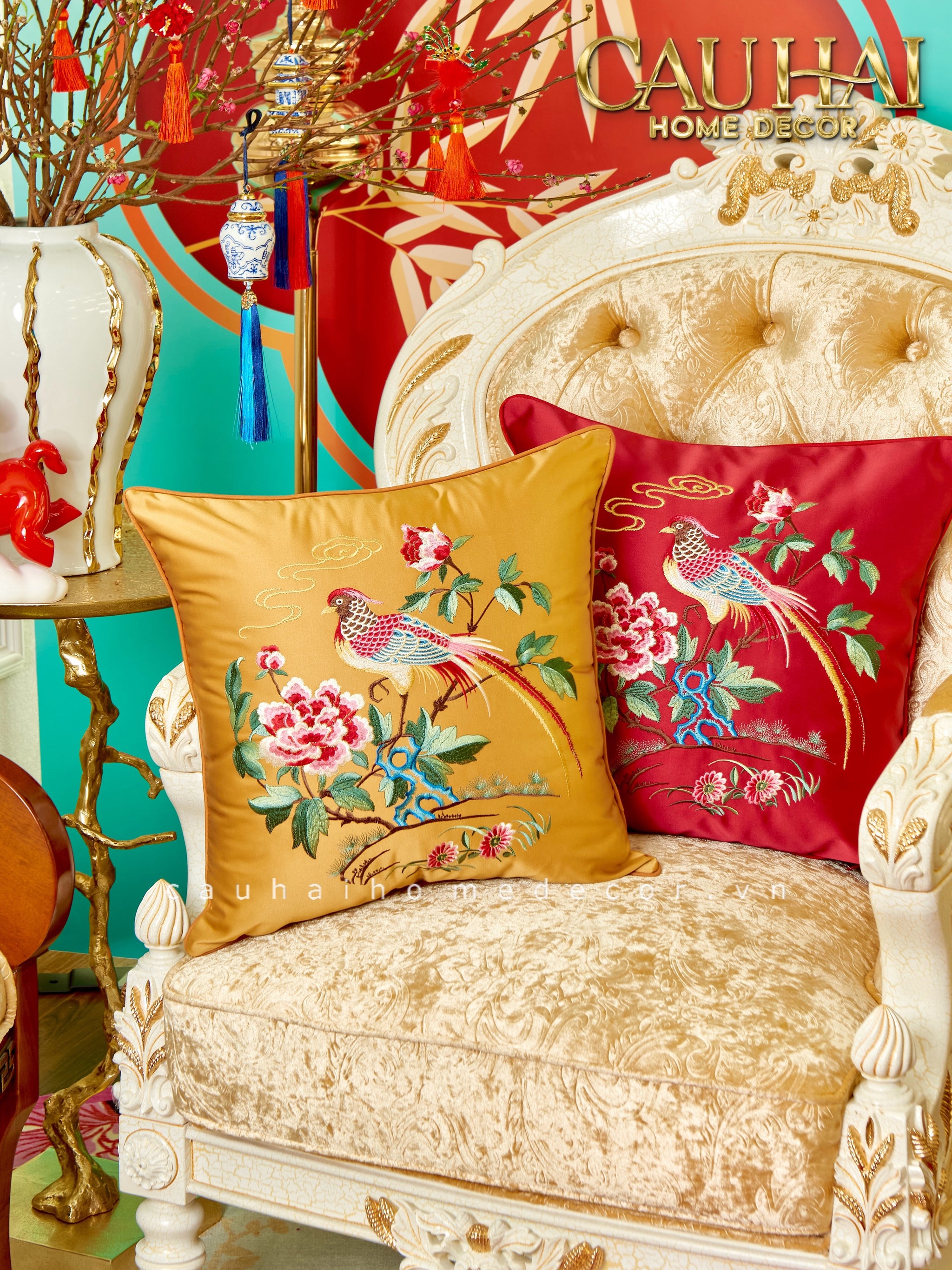 Tết Couture - Vỏ Gối Lụa Thêu - Kim Ngự  Điểu 45