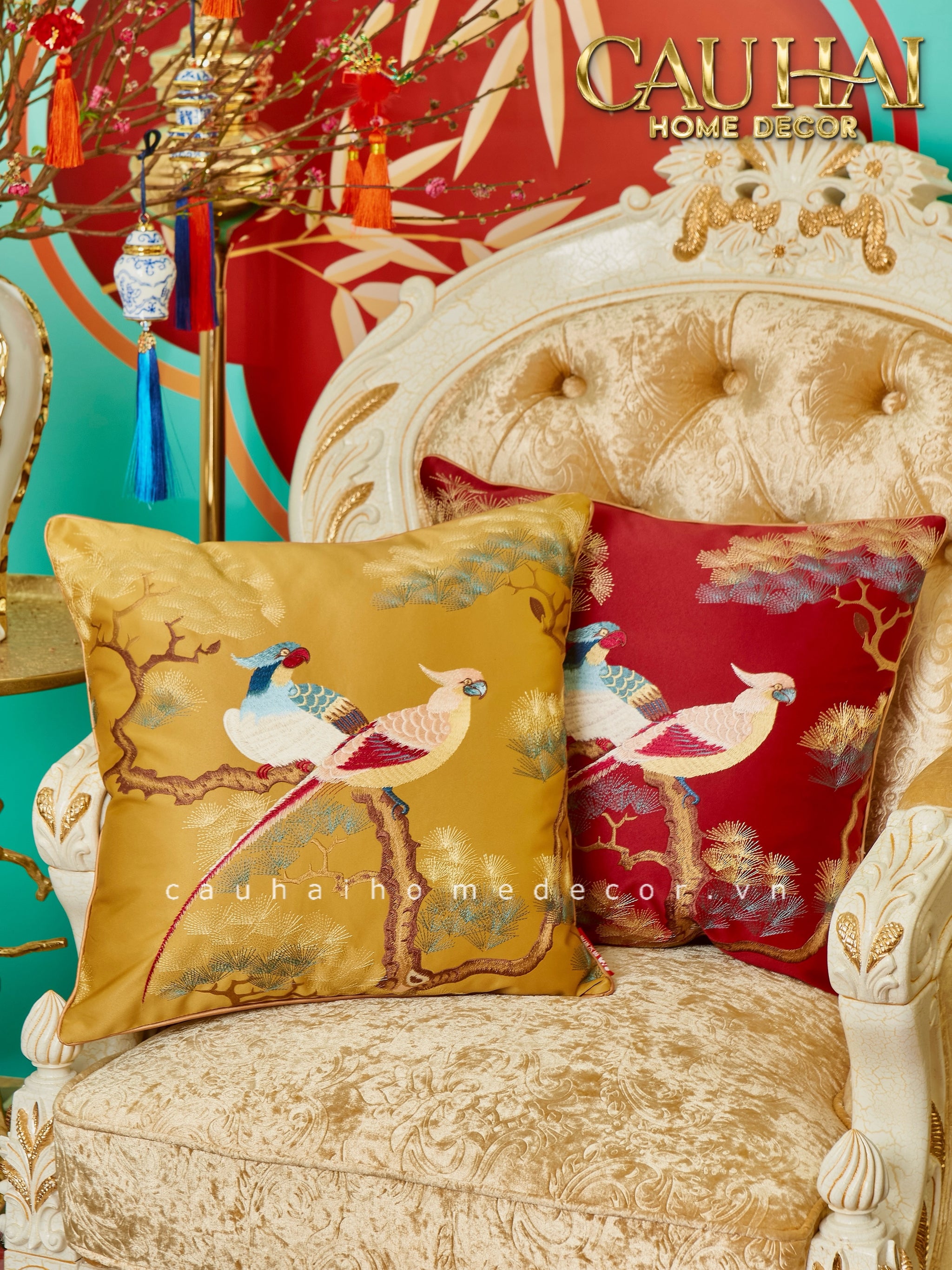 Tết Couture - Vỏ Gối Lụa Thêu Kim /Hỷ Song Thuỵ Nghinh Tân  45