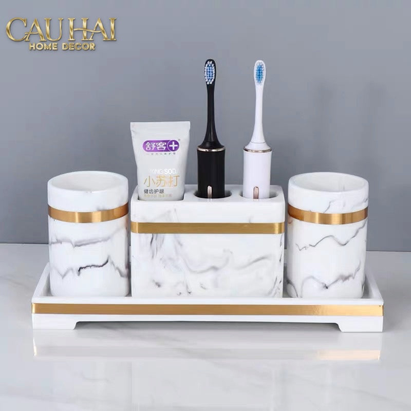 Set Phụ Kiện Bàn Chải Đánh Răng Effet Marbre Blanc D'Or 4pcs