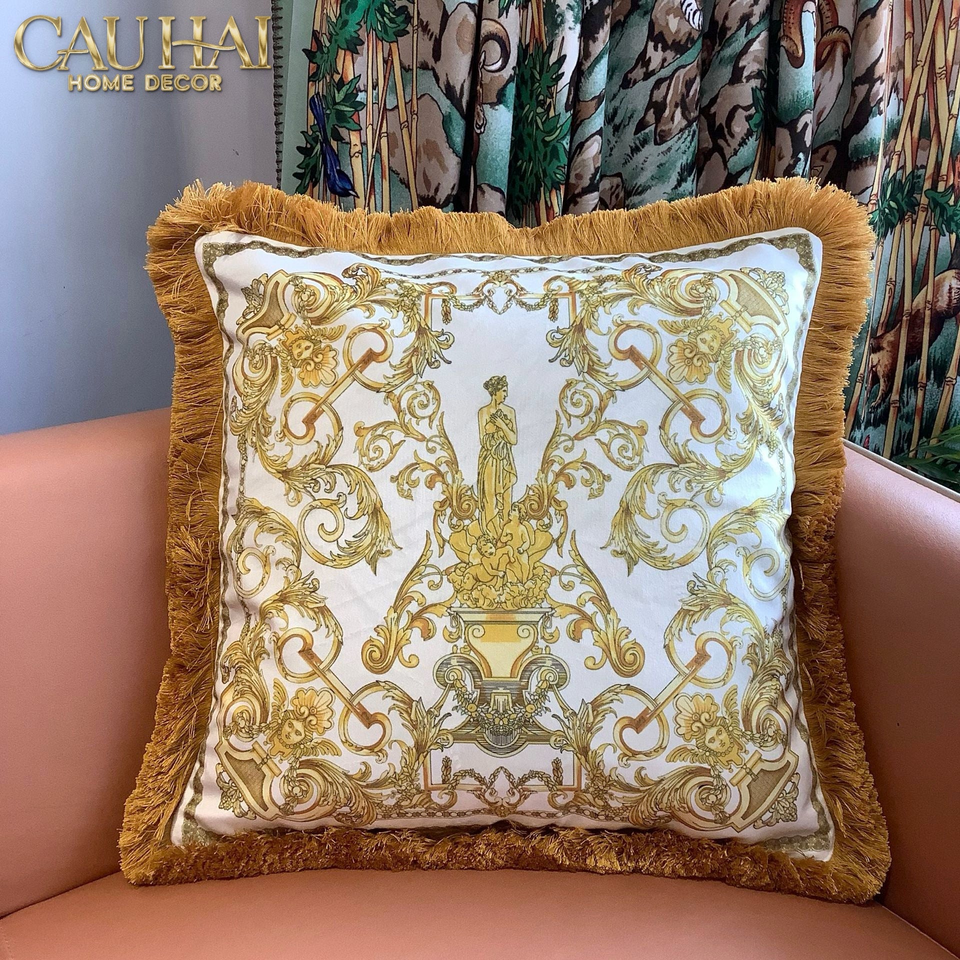 Vỏ Gối Sofa Nhung Impératrice Classic Baroque Ivory Gold 45x45