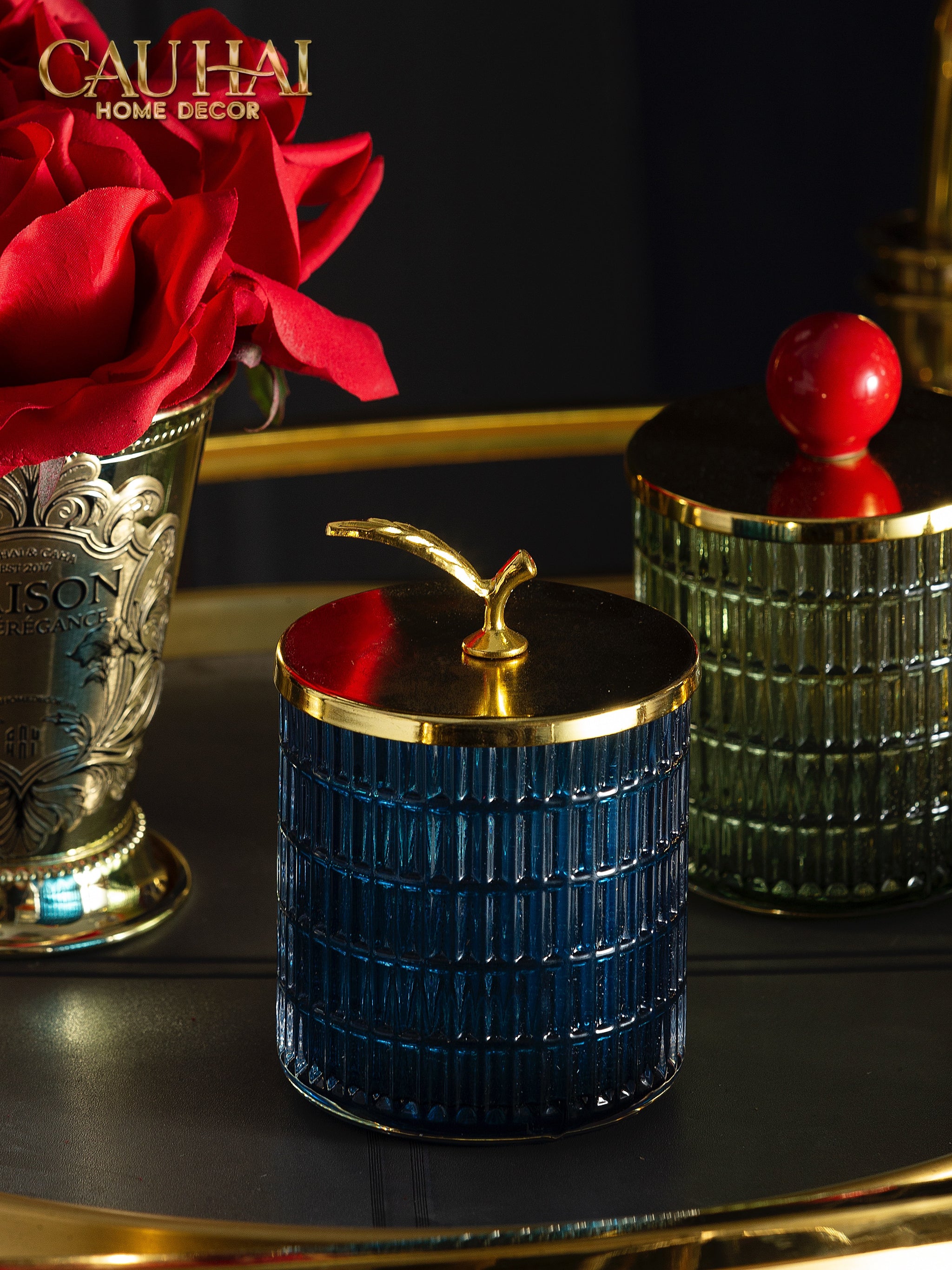 LỌ KẸO MIDNIGHT BLUE CRYSTAL - GOLDEN TWIG JAR-CẬU HAI HOME DECOR