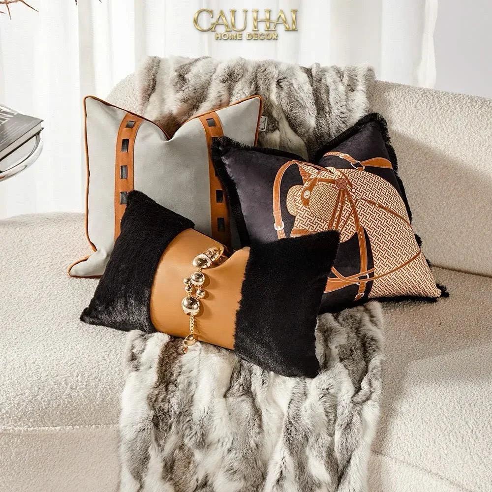 Vỏ Gối Nhung Nocturne Équestre Leather Harness 45-vỏ gối-CẬU HAI HOME DECOR