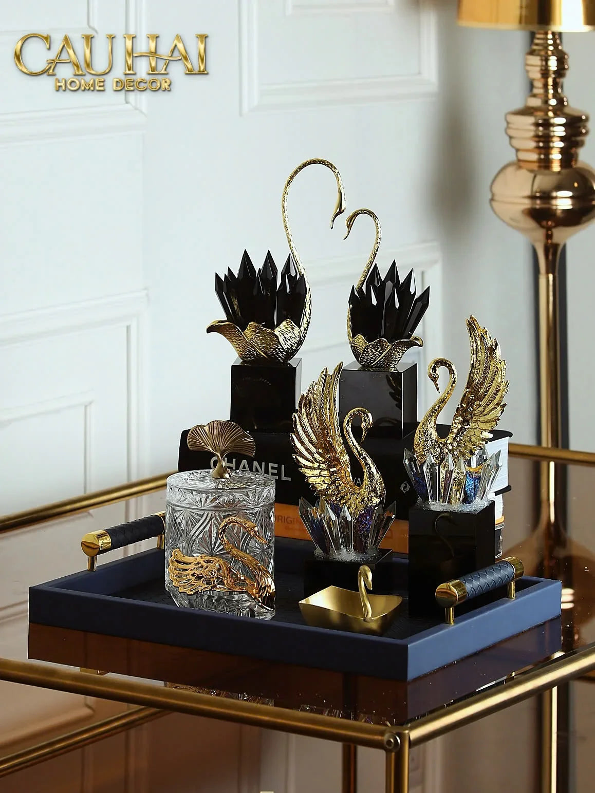 Maison Couture - Set Tượng Thiên Nga Black Crystal H24/29-TƯỢNG TRANG TRÍ-CẬU HAI HOME DECOR