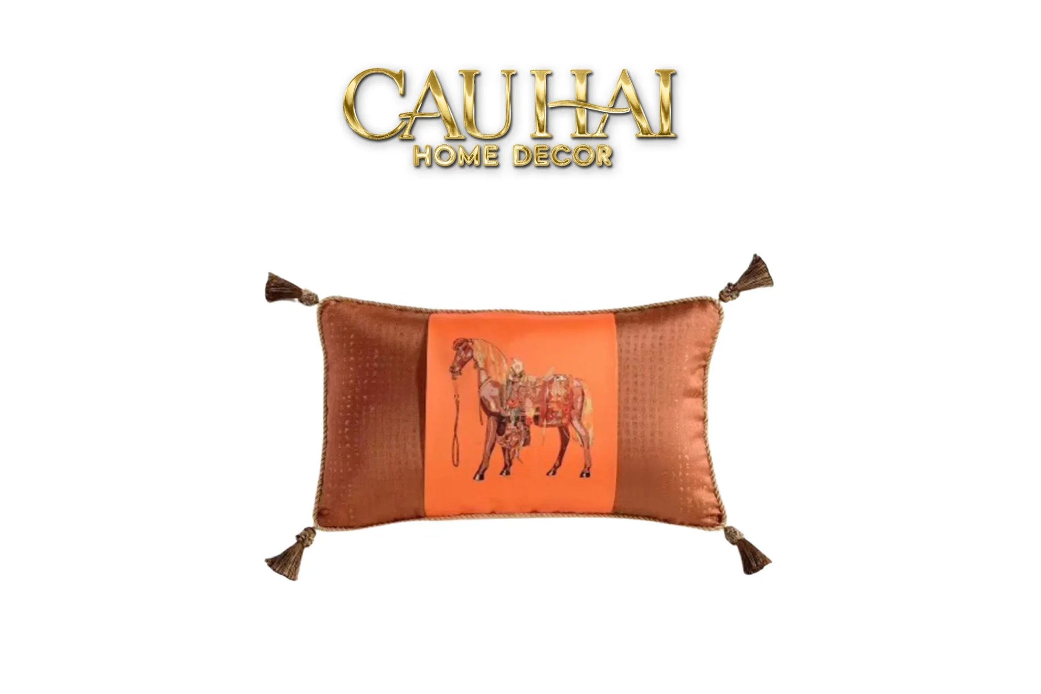 Maison Couture - Gối Nhung Chenille Cao Cấp Signature Orange Cheval Équestre 30x50 Corner Tassel-VỎ GỐI-CẬU HAI HOME DECOR