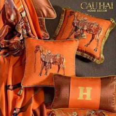 Maison Couture - Gối Nhung Chenille Cao Cấp Signature Orange Cheval Équestre 30x50 Corner Tassel-VỎ GỐI-CẬU HAI HOME DECOR