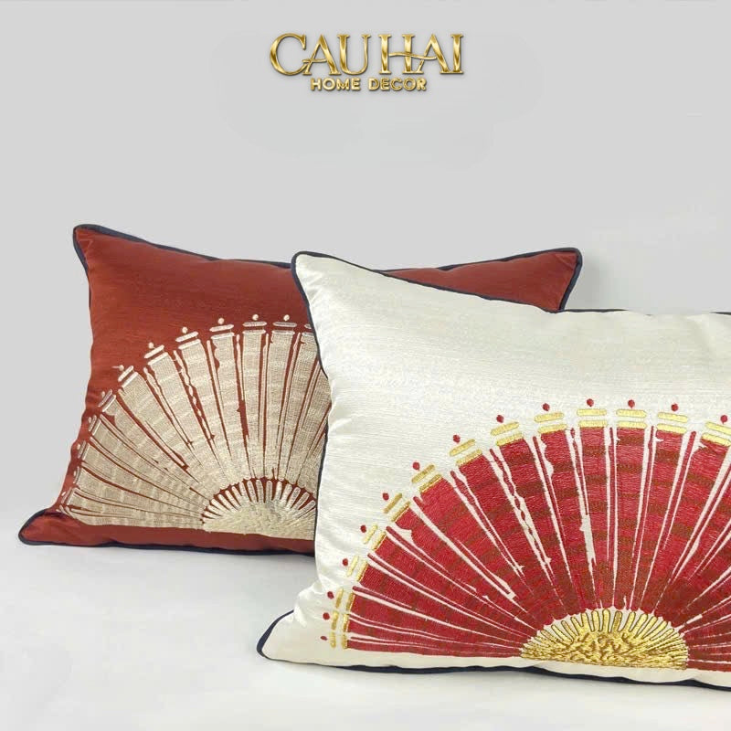 Tết Couture - Gối Jacquard  Rouge Oriental Éventail Lunaire d’Or  35x50