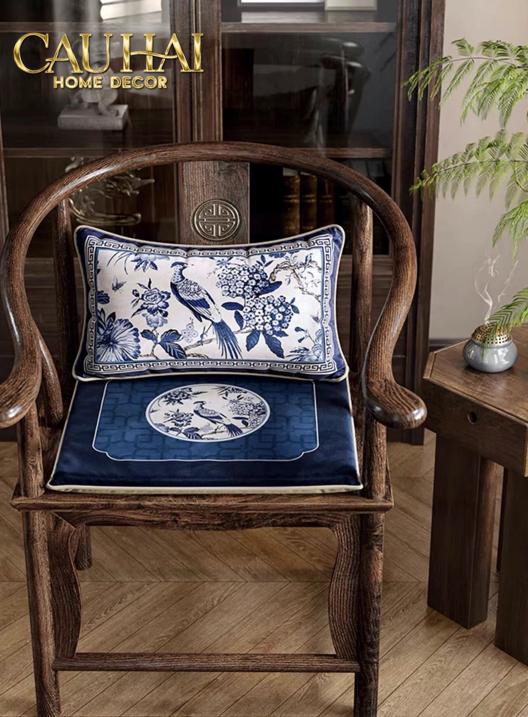 Tết Couture - Gối Nhung Indochine Éventail Paysage Bleu - CẬU HAI HOME DECOR