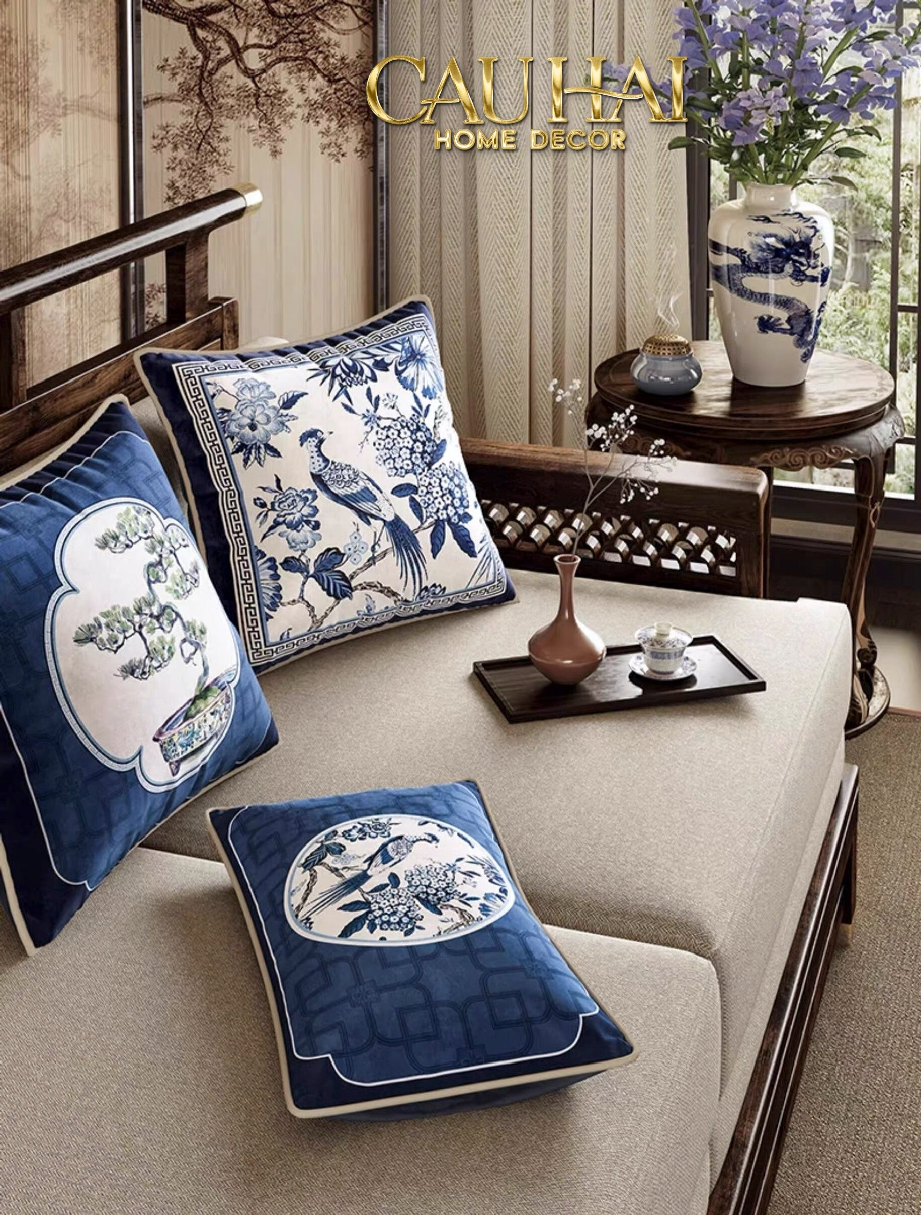 Tết Couture - Gối Nhung Indochine Éventail Paysage Bleu - CẬU HAI HOME DECOR