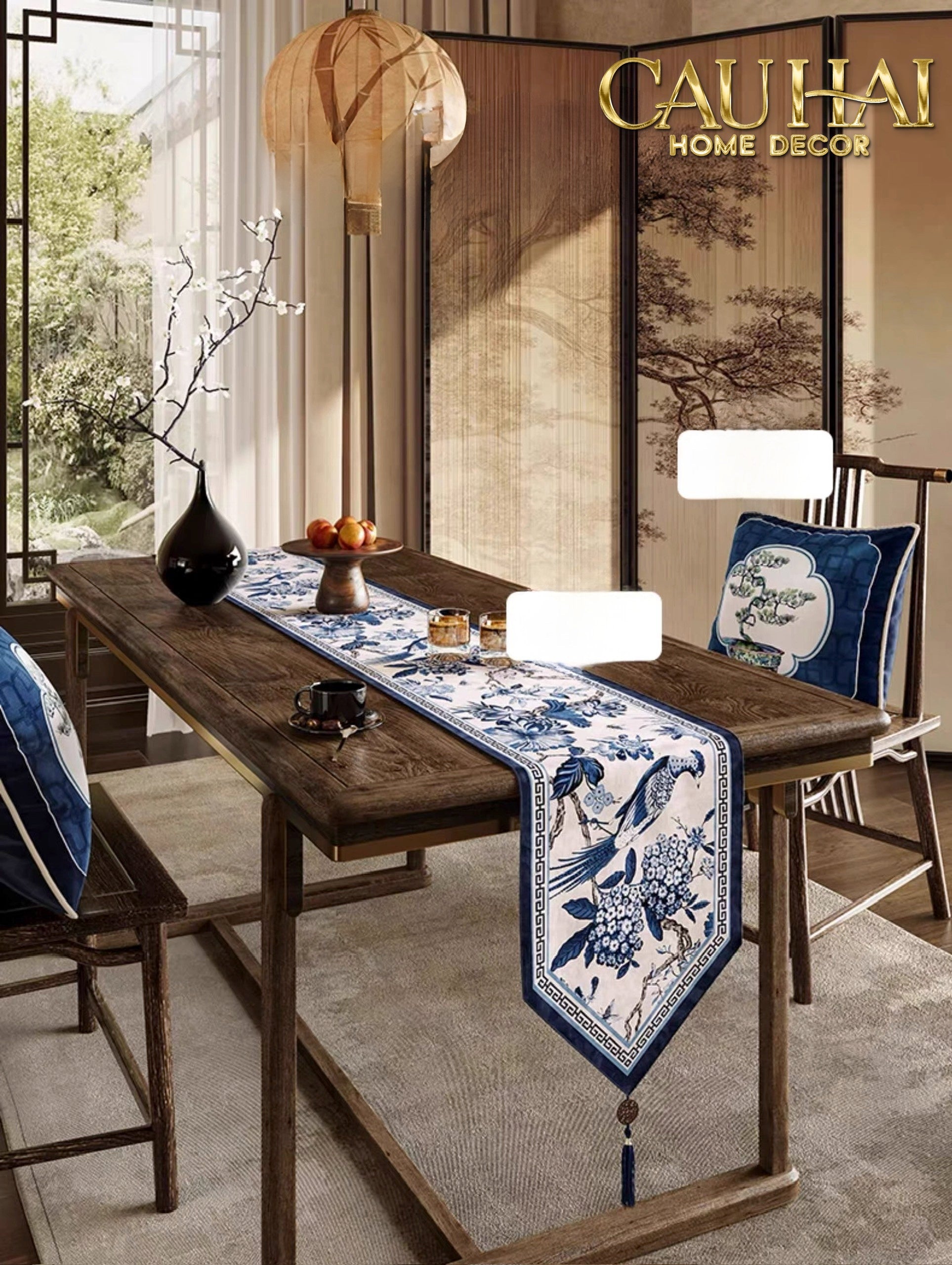 Tết Couture - Gối Nhung Indochine Éventail Paysage Bleu - CẬU HAI HOME DECOR