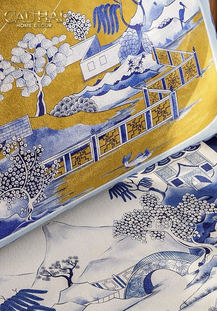 Tết Couture - Gối Nhung Indochine Éventail Paysage Bleu - CẬU HAI HOME DECOR