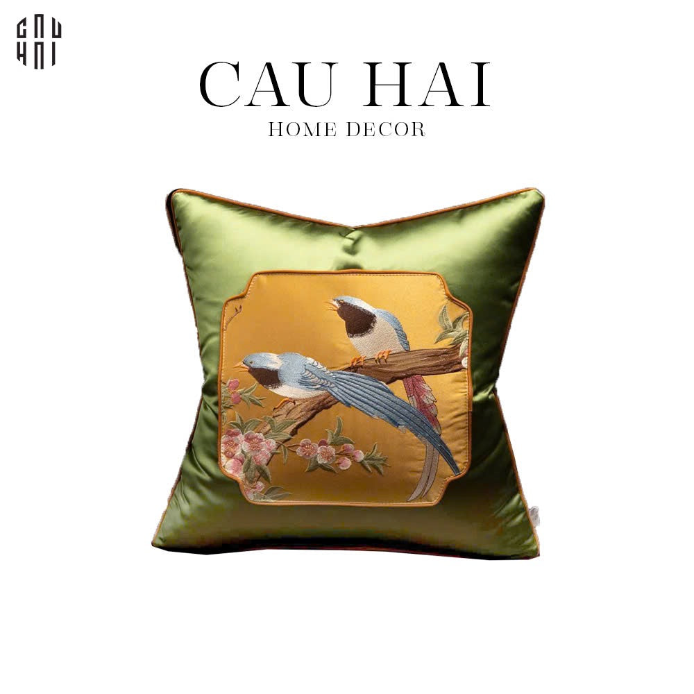 Tết Couture - Vỏ Gối Lụa Thêu Kim Hoàng Điểu - CẬU HAI HOME DECOR