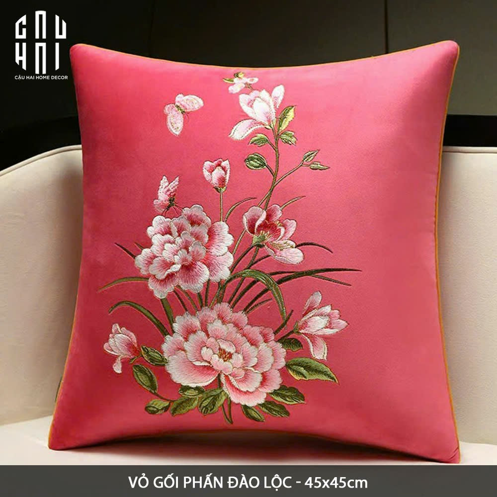 Tết Couture - Vỏ Gối Nhung Thêu Phấn Đào Lộc 45. - CẬU HAI HOME DECOR