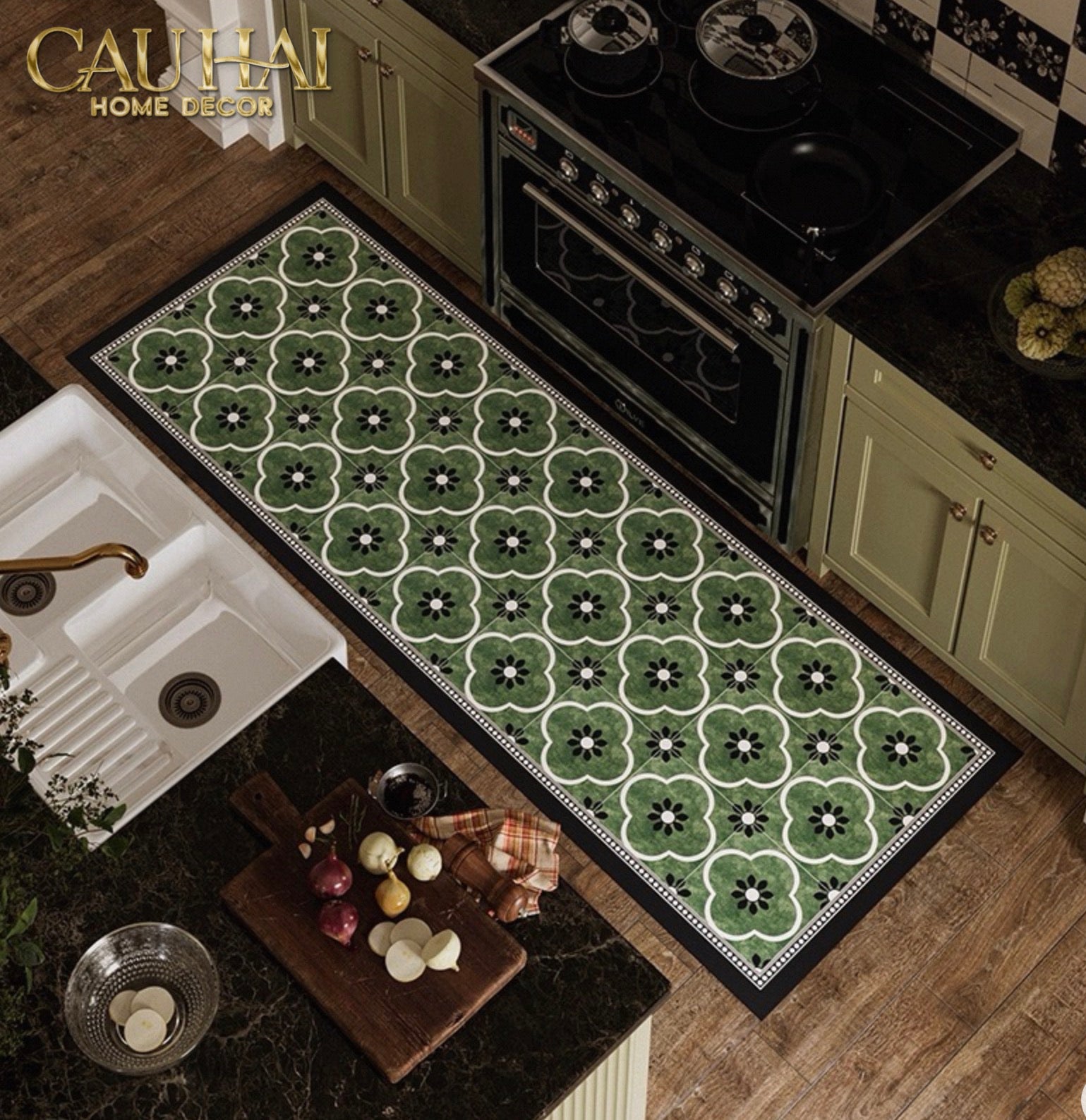 Thảm Cửa Da Cao Cấp - Water & Oil Repellent 60X90 - Olive Green Petals-THẢM CỬA-CẬU HAI HOME DECOR