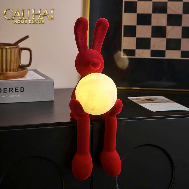 Tượng Thỏ Nhung Đỏ Moonlight Rouge Velour  Lapin Sculpture Lamp 8.5x26.5