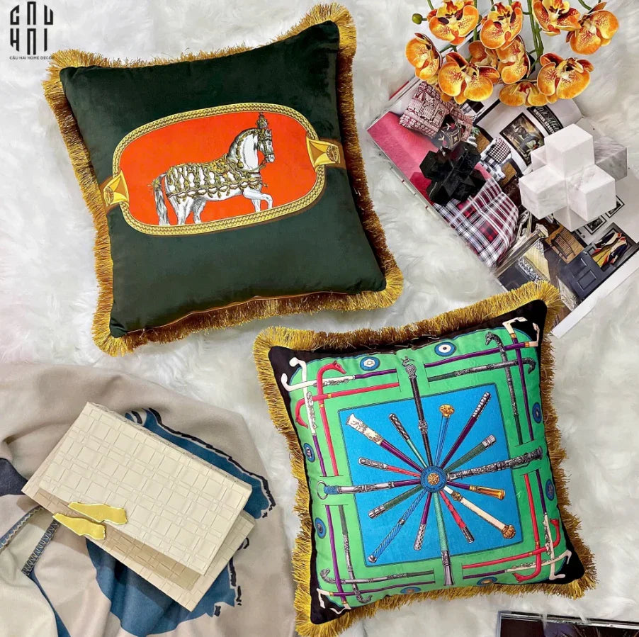 Vỏ Gối Nhung Équestre Émeraude Cheval 45.-CẬU HAI HOME DECOR