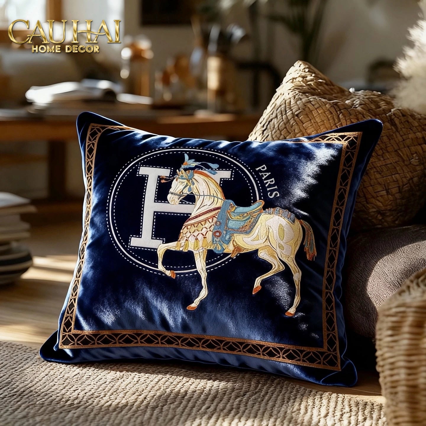 Maison Couture - Vỏ Gối Nhung Cheval Royal - Lettre H 45 - CẬU HAI HOME DECOR