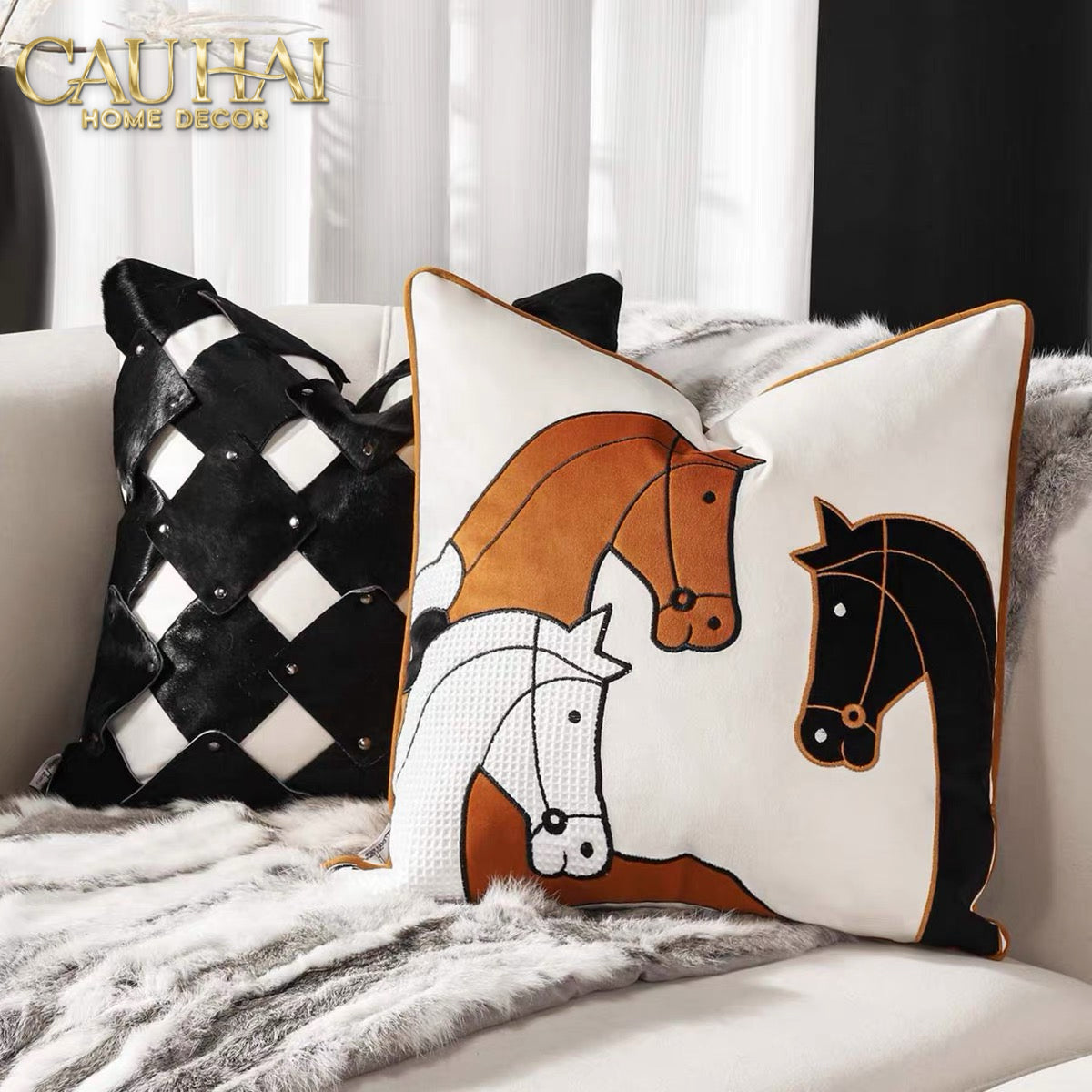 Vỏ Gối Nhung Triptyque Équestre Moderne Embroidered Belt 45-CẬU HAI HOME DECOR