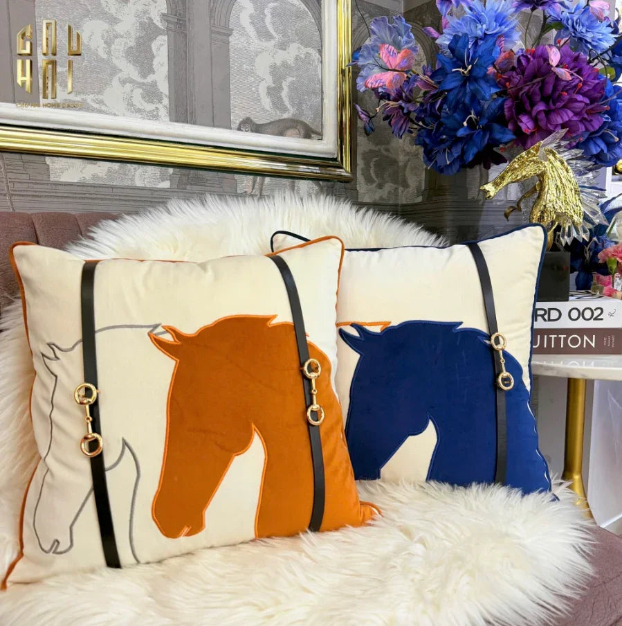 Vỏ Gối Velour Ivoire Perlé Royale Équestre Bleu Harness 45-vỏ gối-CẬU HAI HOME DECOR