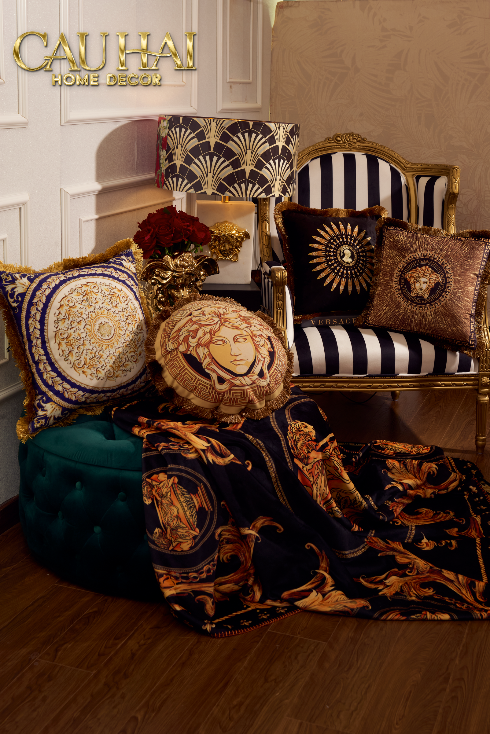 Maison Couture - Chenille V Class Barocco Medusa Cushion Cover Haze - Regal Noir Gold 50x50