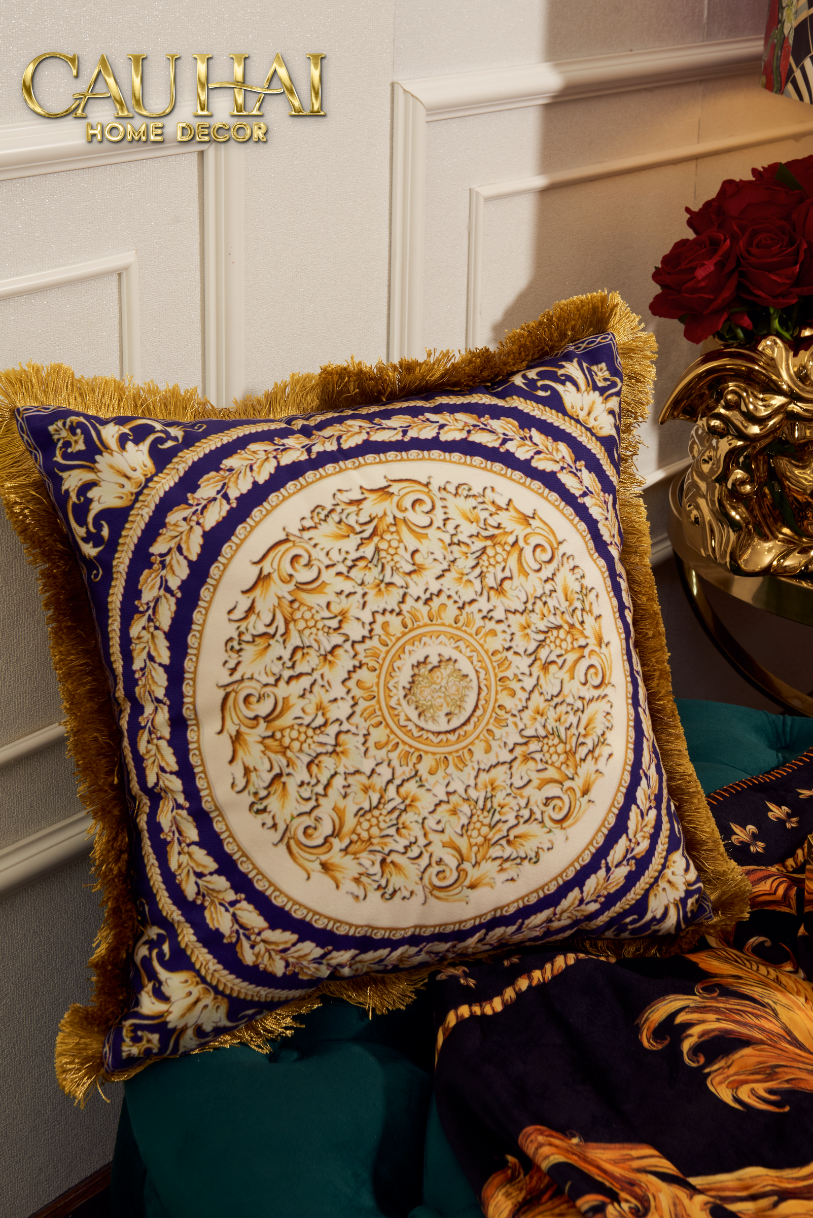 Maison Couture - Chenille V Class Barocco Medusa Cushion Cover Haze - Regal Noir Gold 50x50