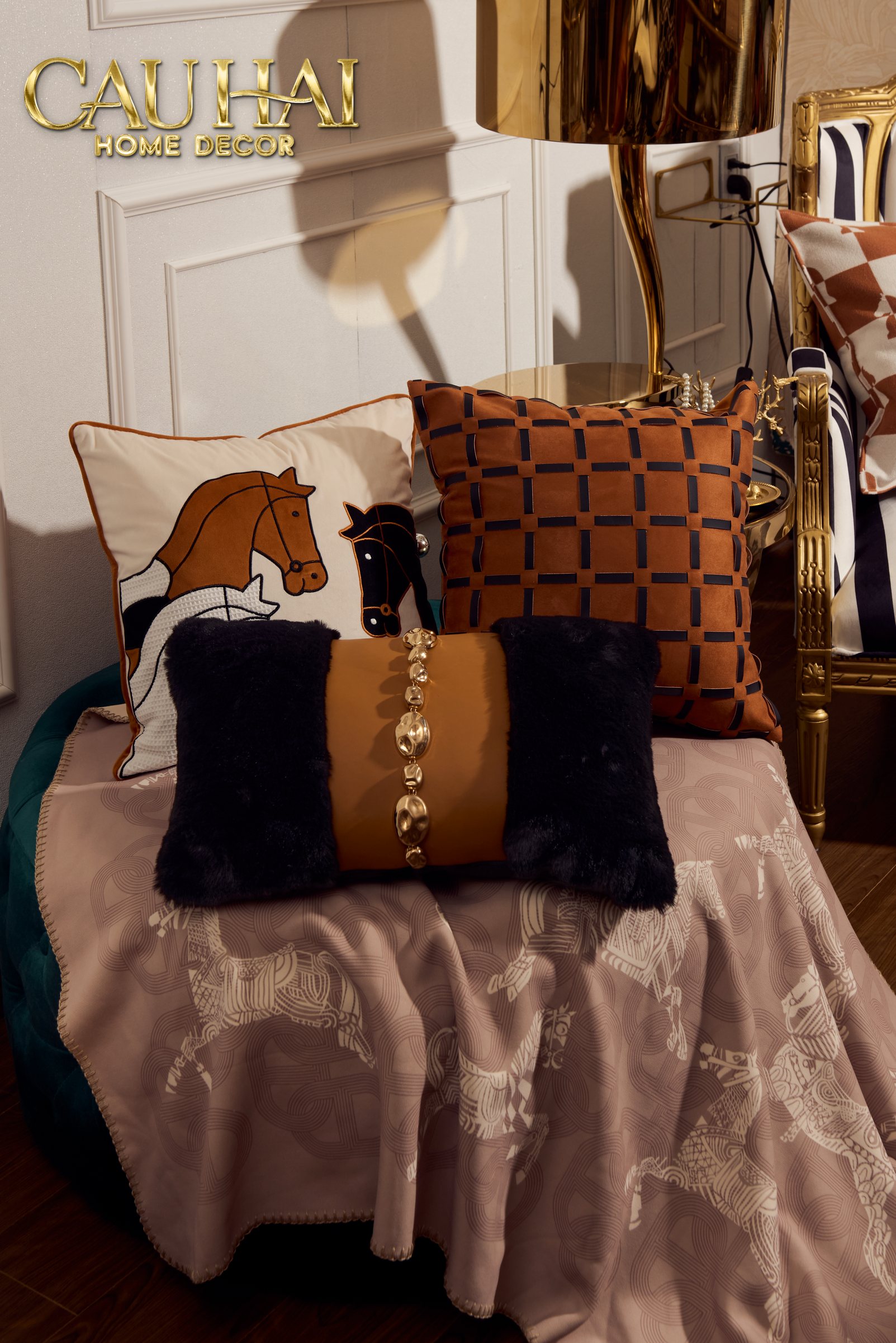 Triptyque Modern Equestrian Embroidered Velvet Pillow Cover Dialogue 45