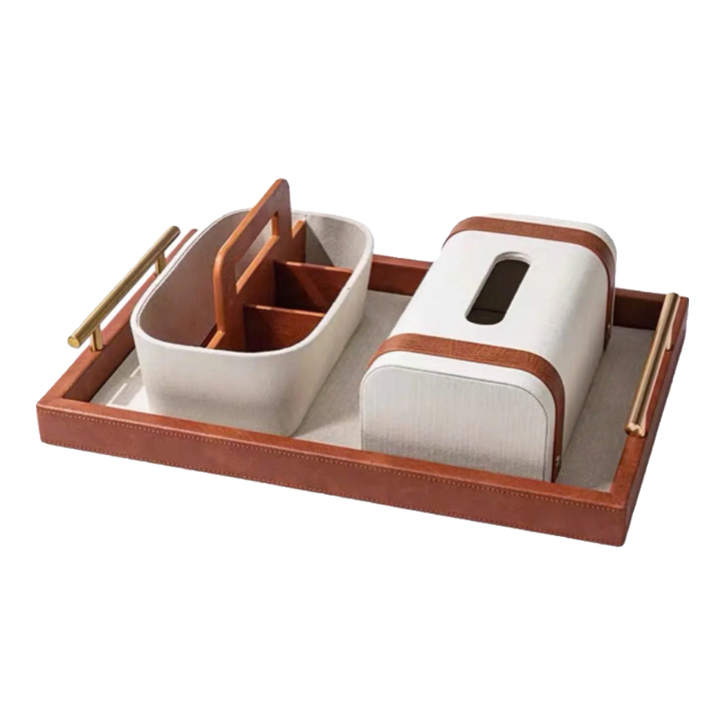 Maison Couture - Set Khay Hộp Giấy Canvas Lux Leather Havana 3Pcs