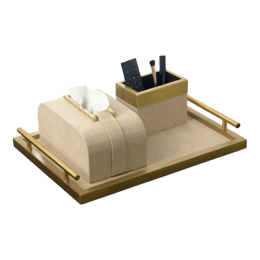 Maison Couture - Heritage Bamboo Oak Wood and Premium Leather Tray Box Set 3Pcs 30x40 - Dolce Latte