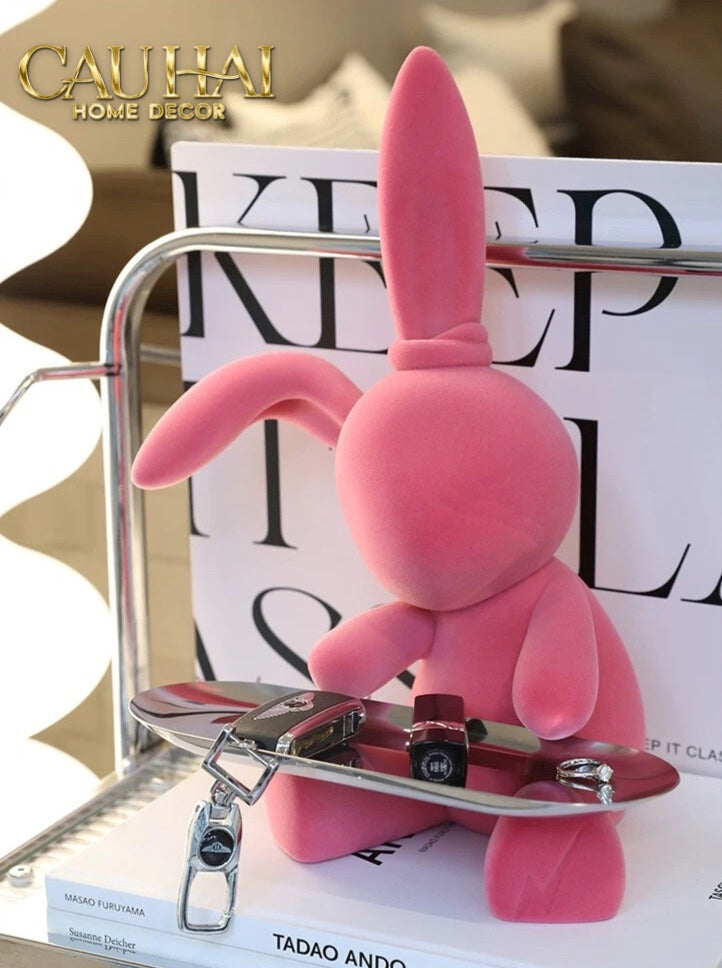 Fêtes Couture - Tượng Thỏ Nhung - Figurine Lapin Pink Velour Maison H30-CẬU HAI HOME DECOR