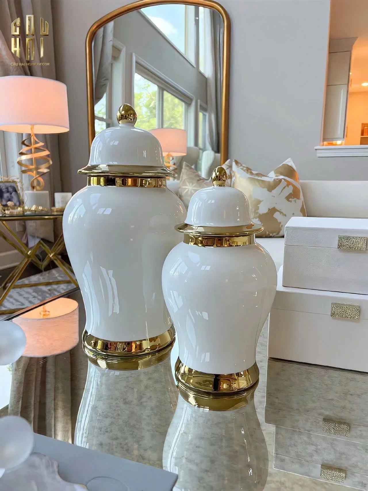 Bình Hoa Céramique Blanche White & Gold Harmony H33 - CẬU HAI HOME DECOR