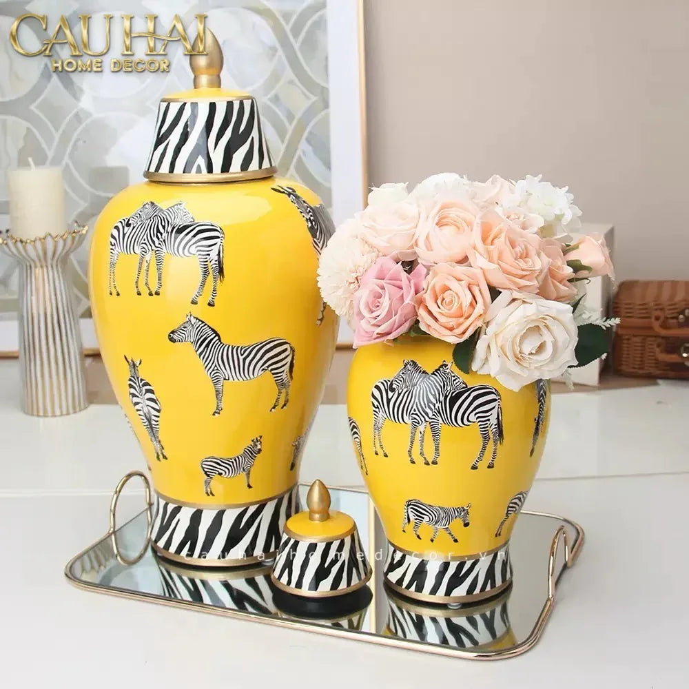 Bình Hoa Gốm Sứ Tráng Men Zebra Doré Lidded Vase H49-BÌNH HOA-CẬU HAI HOME DECOR