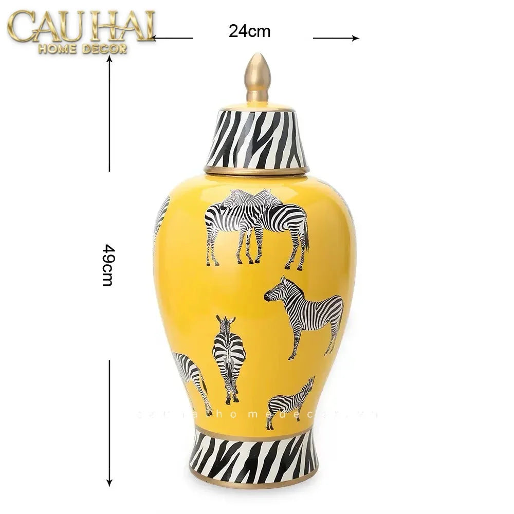 Bình Hoa Gốm Sứ Tráng Men Zebra Doré Lidded Vase H49-CẬU HAI HOME DECOR