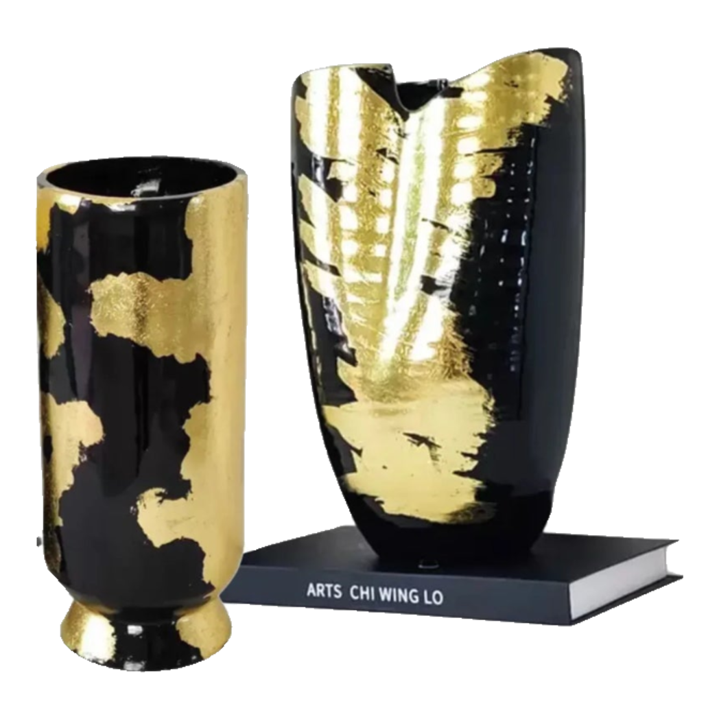 Maison Couture - Bình Hoa Gốm Mun Mài Dát Vàng Noir Laqué Feuille d’Or Vase 34