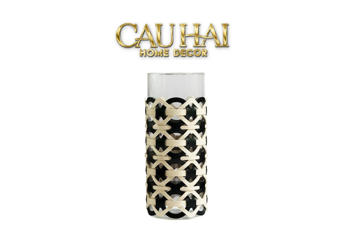 Bình Hoa Thuỷ Tinh Hình Trụ Phối Da Đan Woven Leather Cylinder Glass Vase 10x25-BÌNH HOA-CẬU HAI HOME DECOR