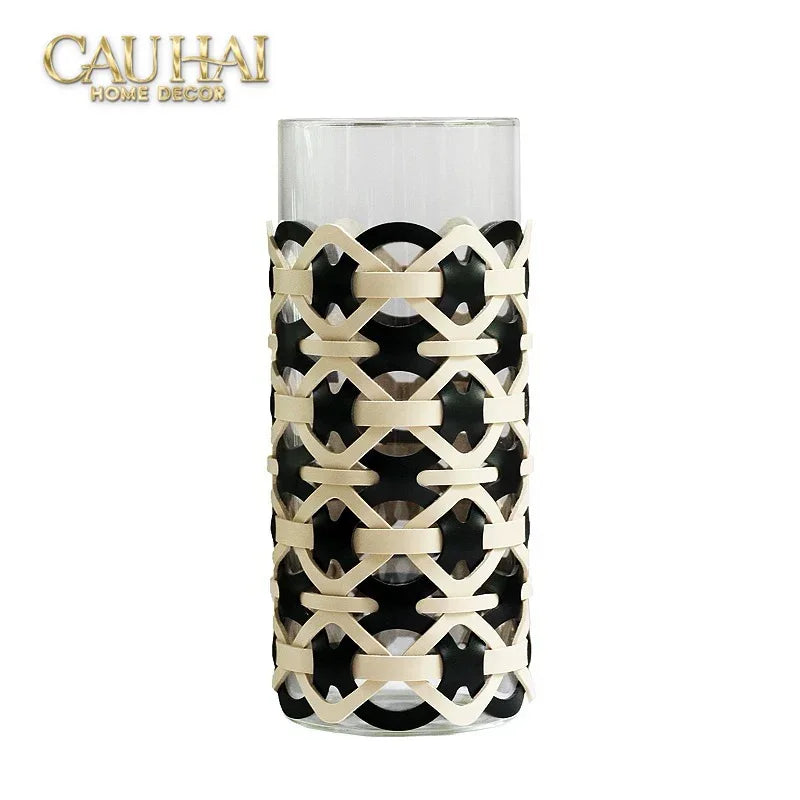 Bình Hoa Thuỷ Tinh Hình Trụ Phối Da Đan Woven Leather Cylinder Glass Vase 10x25-BÌNH HOA-CẬU HAI HOME DECOR