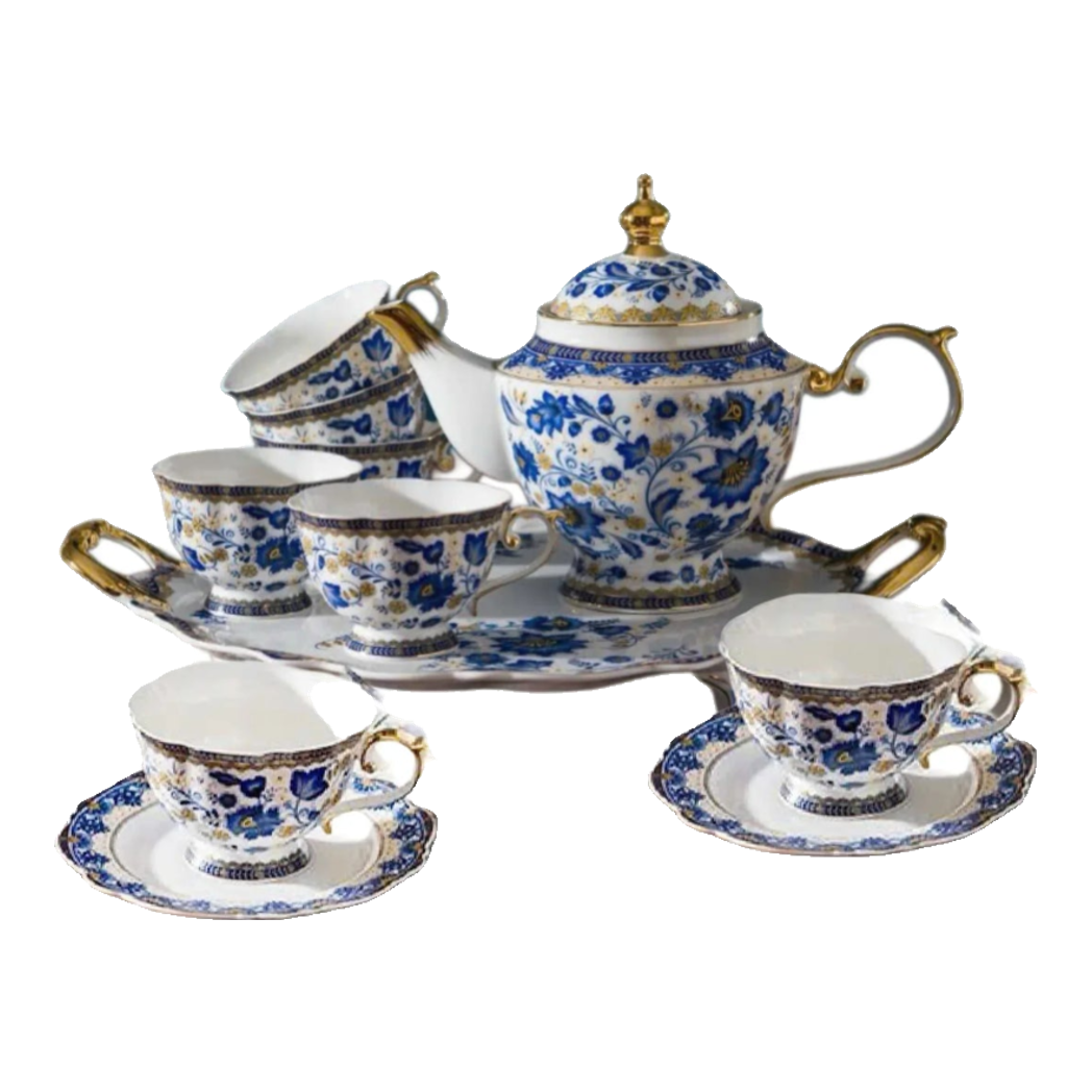 Maison Couture – Set Bình Trà Khay Sứ 6 Tách   Indochine Héritage Indigo  Blue Floral Porcelain 10Pcs
