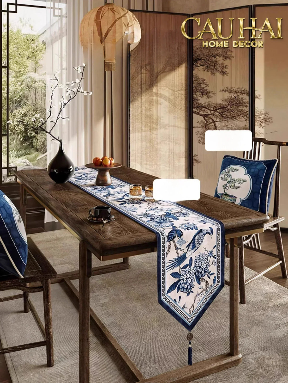 Bộ Gối Đệm Ghế Indochine Oriental indigo Bloom Art 40x50 / 30x50-VỎ GỐI-Đối tác tại Trung Quốc theo từng đơn đặt hàng-CẬU HAI HOME DECOR