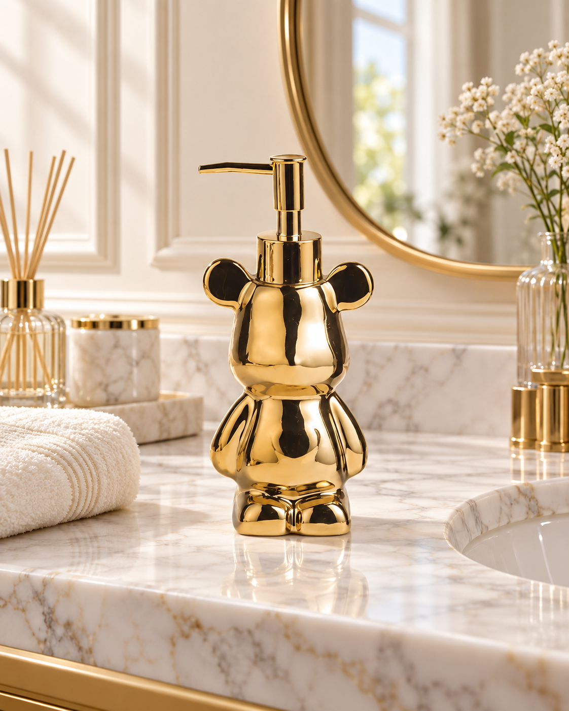 Chai kit Boss Bear Jr Gold trong không gian phòng tắm sáng sang trọng