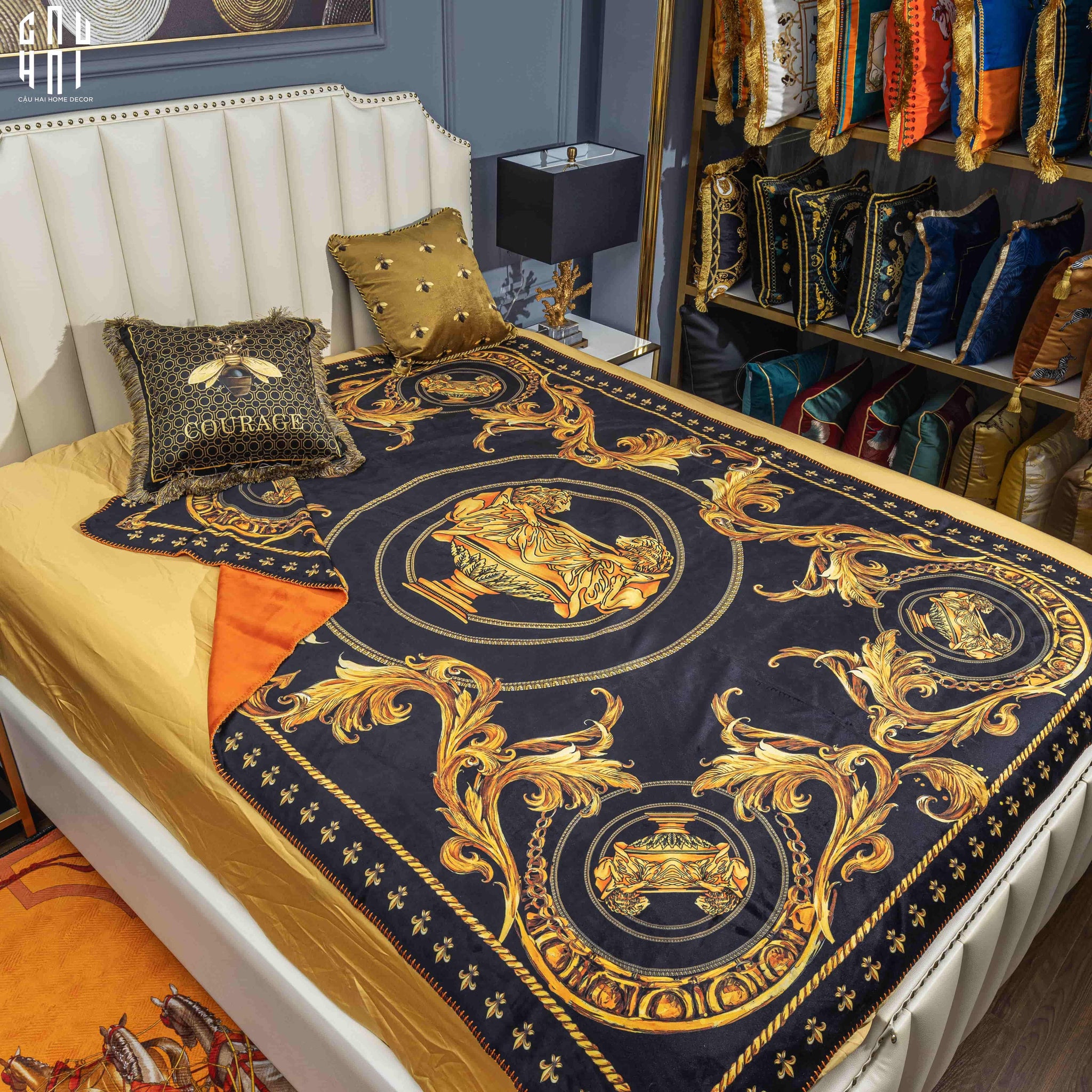 Chăn Nhung Cao Cấp Virtus Gala Black Barocco Frame - Luxury Velvet Blanket 150X200.-CẬU HAI HOME DECOR