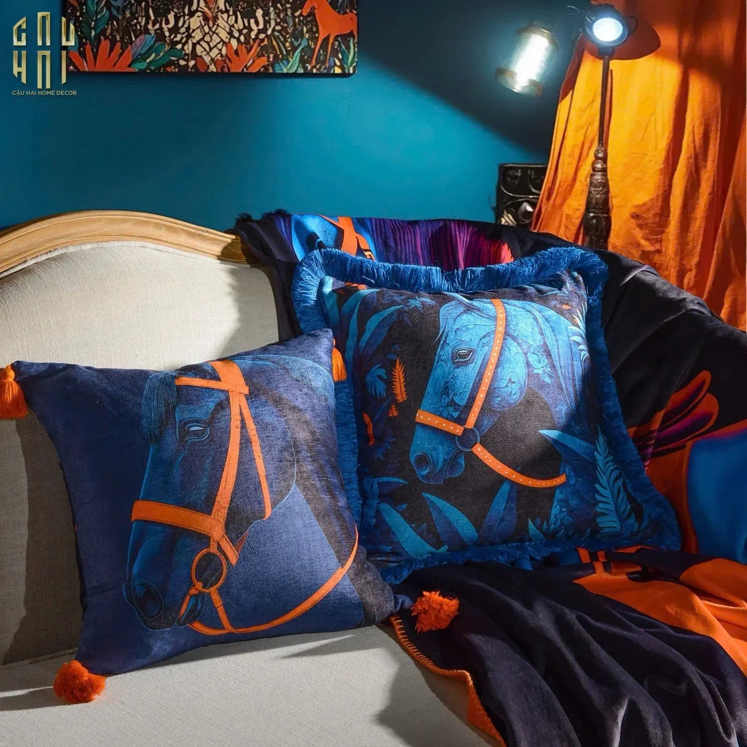 Chăn Sofa Nhung Hà Lan Marine Stallion Royale Bleu Velvet Blanket - 150X150-CHĂN SOFA-CẬU HAI HOME DECOR