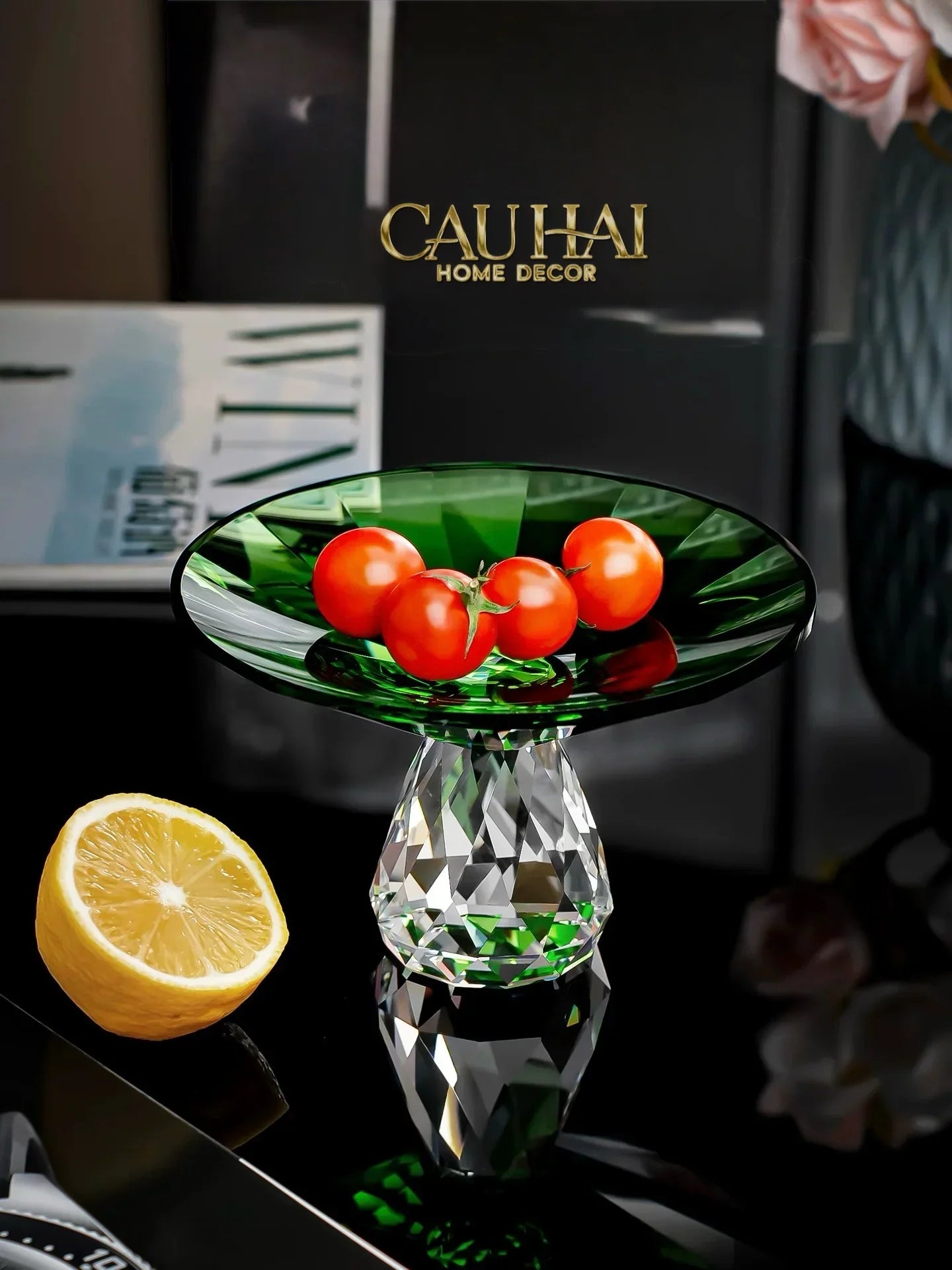 Critalleries Couture - Đĩa Trái Cây Pha Lê Emerald Vert Malachite Fruit Plates 9.5x15-SET CHÉN DĨA-CẬU HAI HOME DECOR