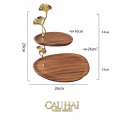 Đĩa 2 Tầng Gỗ Óc Chó Lá Ngân Hạnh - Ginkgo Walnut Deux Niveaux Étagère 26x29-CẬU HAI HOME DECOR