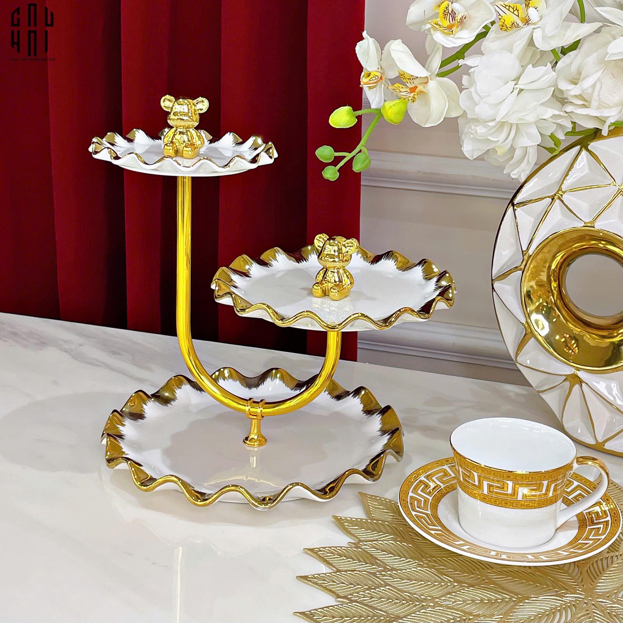 ĐĨA BÁNH 3 TẦNG CERAMIC GOLDEN LINES TEDDY BEARS SS25