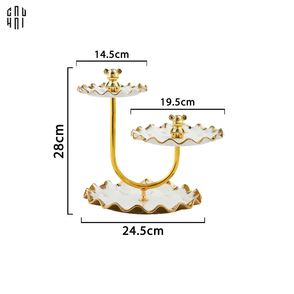 Đĩa Bánh 3 Tầng Ceramic Golden Lines Teddy Bears Ss25-SET CHÉN DĨA-CẬU HAI HOME DECOR