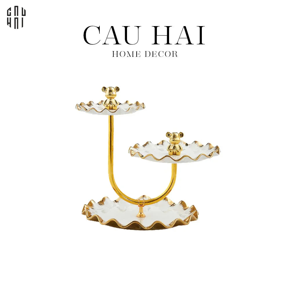 Đĩa Bánh 3 Tầng Ceramic Golden Lines Teddy Bears Ss25-SET CHÉN DĨA-CẬU HAI HOME DECOR