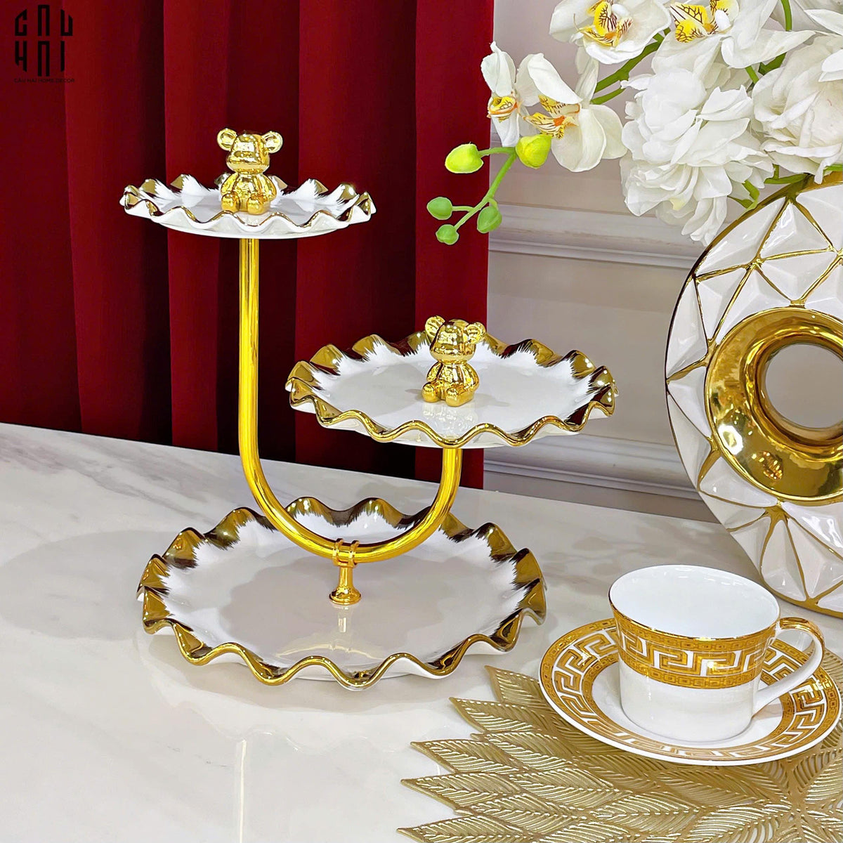 Đĩa Bánh 3 Tầng Ceramic Golden Lines Teddy Bears Ss25-SET CHÉN DĨA-CẬU HAI HOME DECOR
